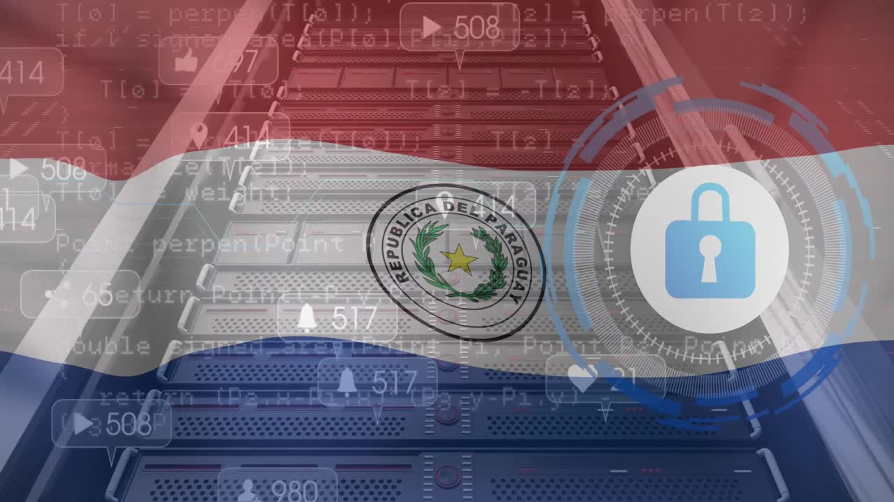 animación de barras de notificación, candado sobre la bandera de paraguay y lenguaje informático, sistema de datos