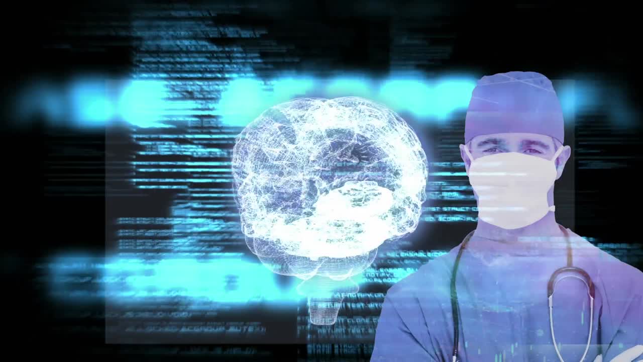 médico masculino con máscara facial, procesamiento de datos médicos y 3d brillante giro del cerebro humano