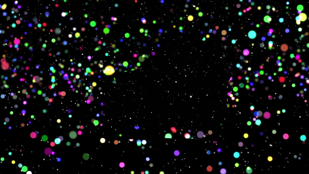 animación de la nieve cayendo sobre santa claus en trineo y manchas de luz en el fondo negro.