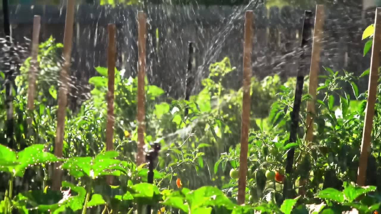 Vibrant Garden Sprinkler System Watering Fresh Vegetables and Herbs Under Bright Sunlight, Promoting Healthy Growth and Abundant Harvest in a Lush Green Environment