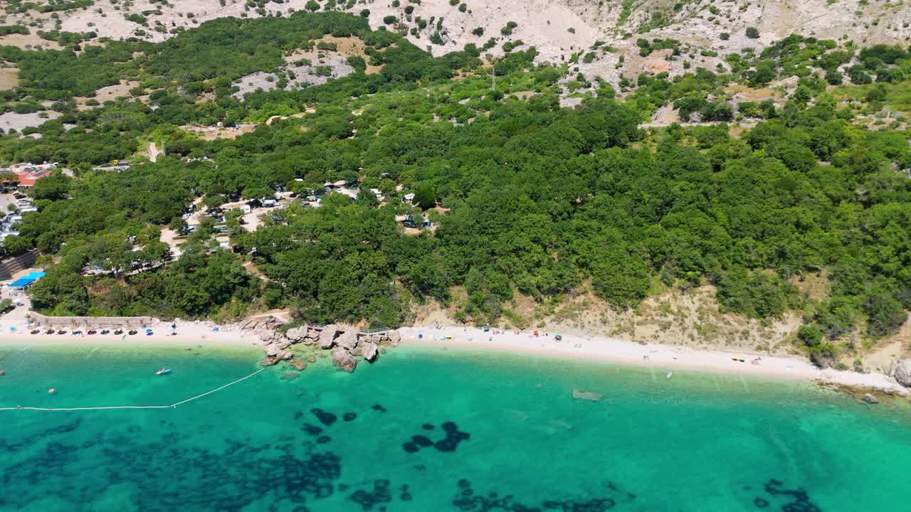 Campsite at Campig Skrila, Krk Island, Stara Baska Croatia, Aerial View of the Mountains and Coast With Boats, Beaches and Adriatic Sea. The Seaside Rv Campmobiles on a Summer Beautiful Coastline
