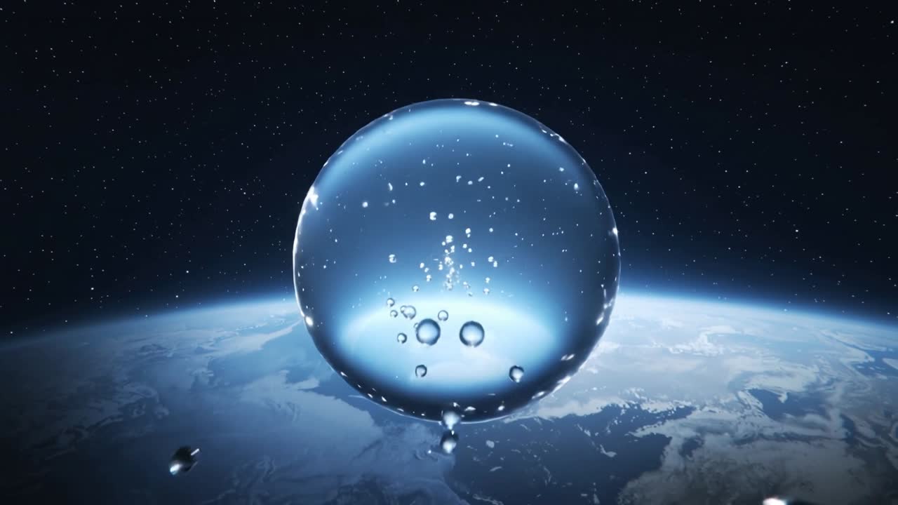 Camera zooming toward large shiny droplet above Earth, showing orbiting droplets for close view