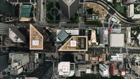 aerial view above downtown los angeles, in cloudy ca, usa - top down, drone shot