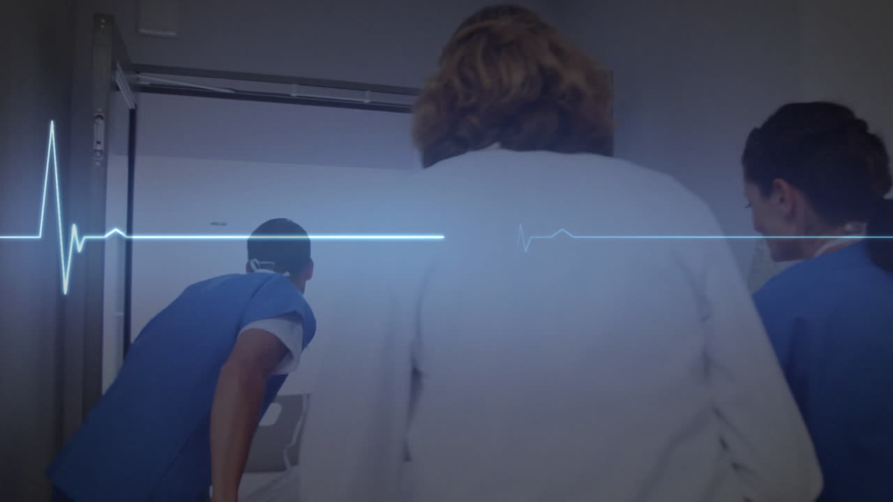 la animación azul del ritmo cardíaco destaca la atención urgente del equipo médico en un entorno hospitalario.