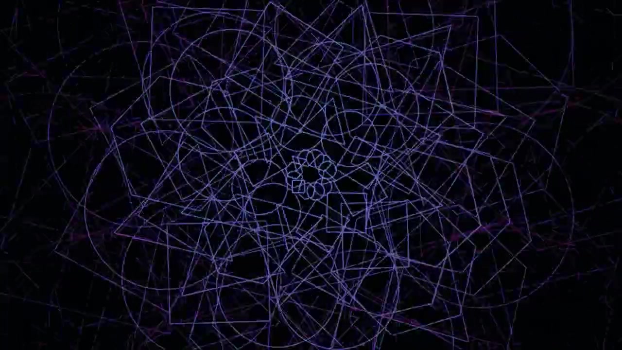 Motivo geometrico astratto in rotazione con linee neon viola e blu