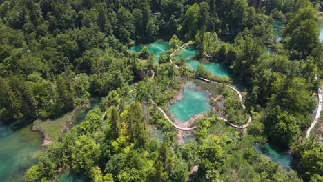 Top-view-of-the-Plitvice-Lakes-National-Park-with-many-green-plants-and-beautiful-lakes-and-waterfalls,-the-road-connecting-these-lakes