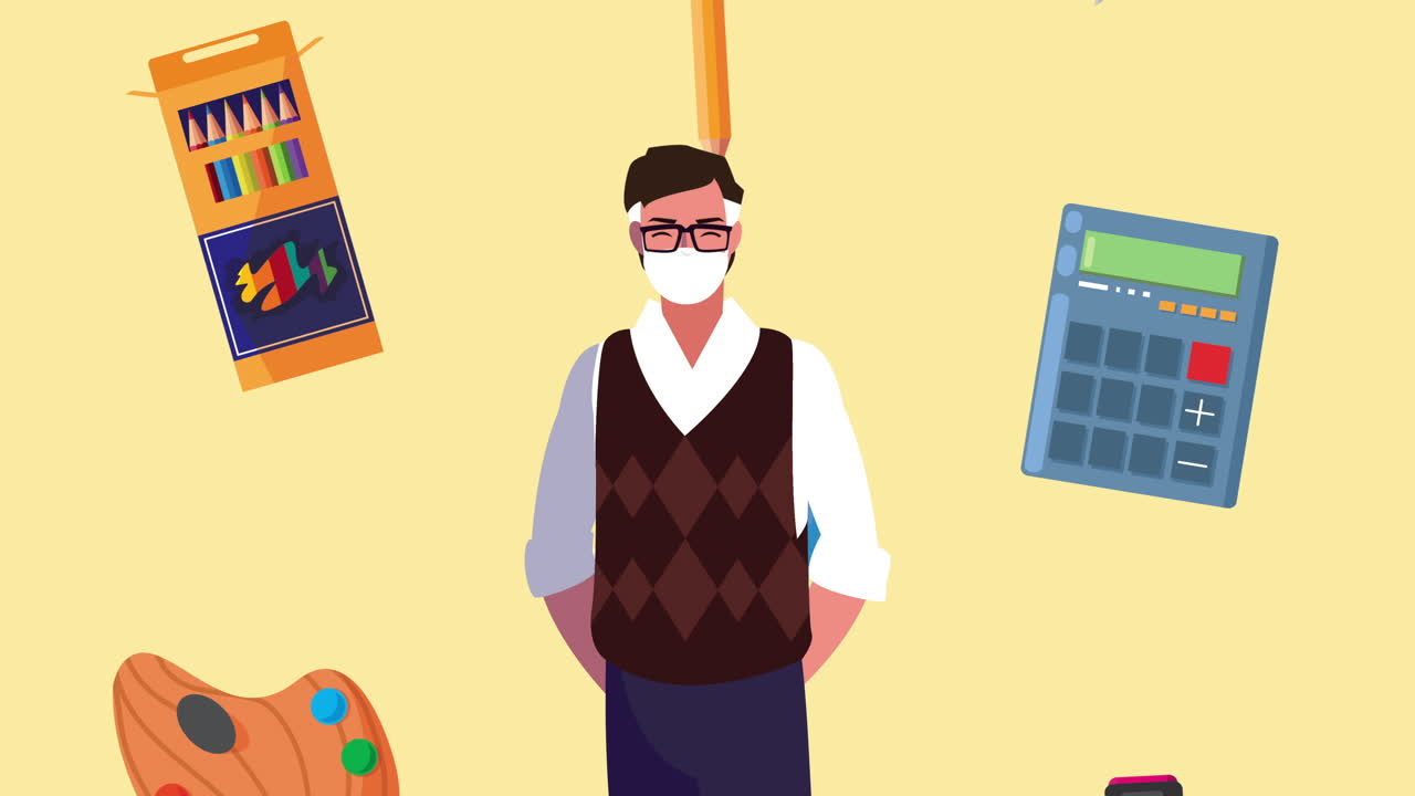 maestro masculino con máscara médica para covid-19 con suministros