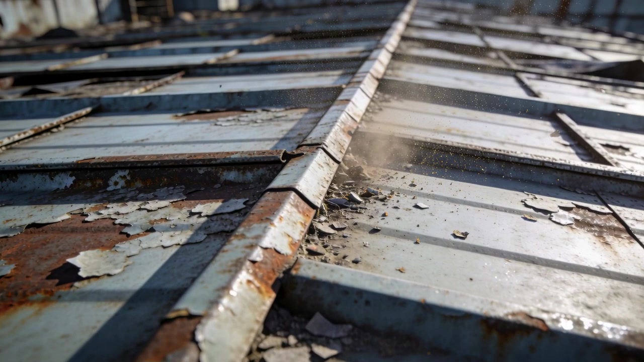 Corroding raised seam shedding loose shards along corrugated roof, breeze lifting dust