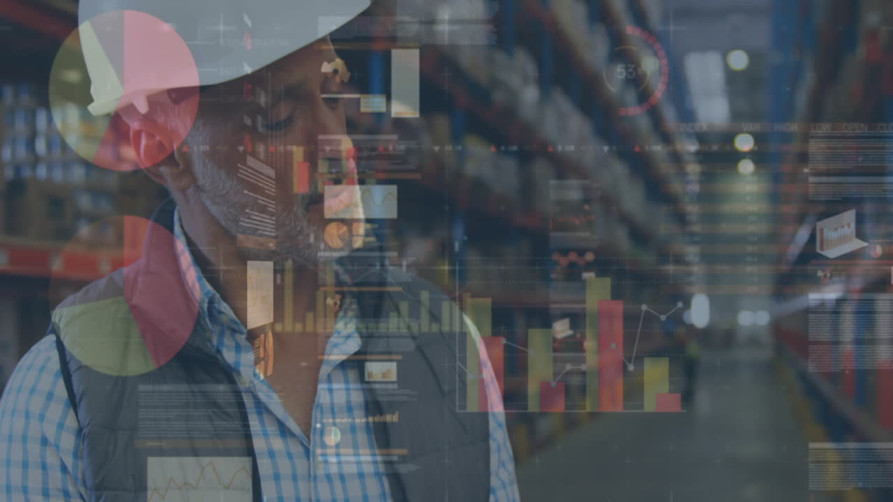 animación de estadísticas y procesamiento de datos financieros sobre el hombre que trabaja en el almacén