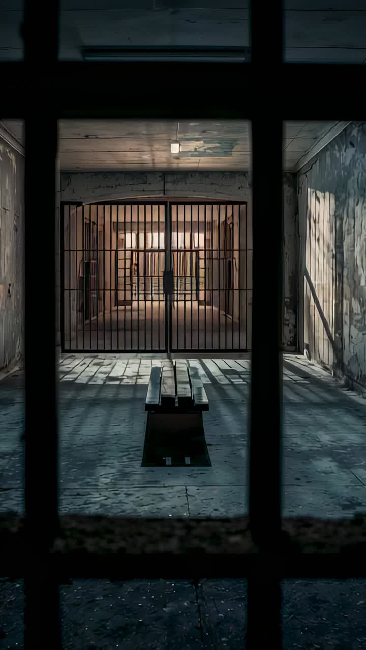 Vertical video: Framing locked double gate and wood bench in cell, overhead light brightening bars
