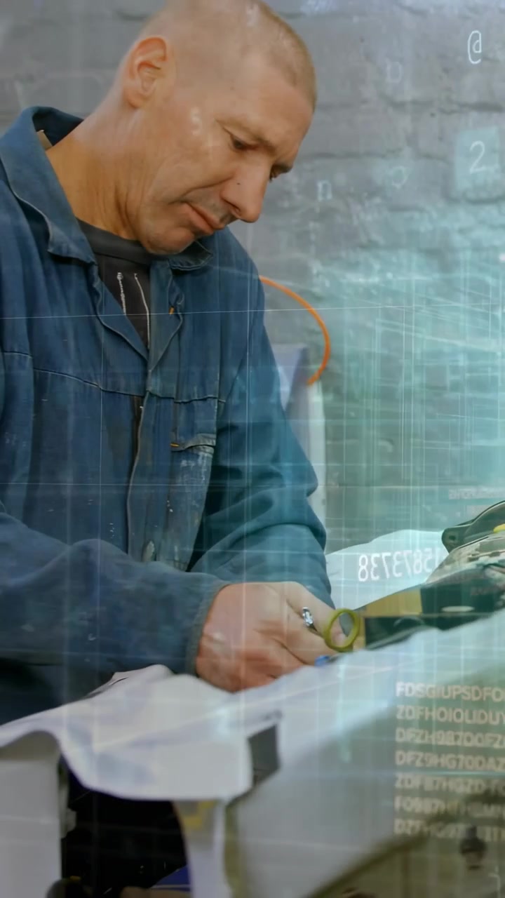 Vertical video: Auto tech placing tool starting trim at bench grid overlay showing finishing bumper