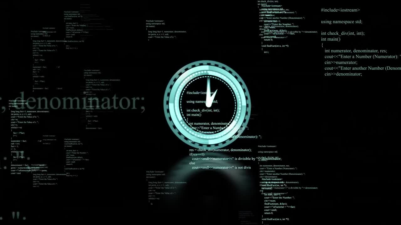 animación del procesamiento de datos y el tic-tac del reloj sobre fondo oscuro
