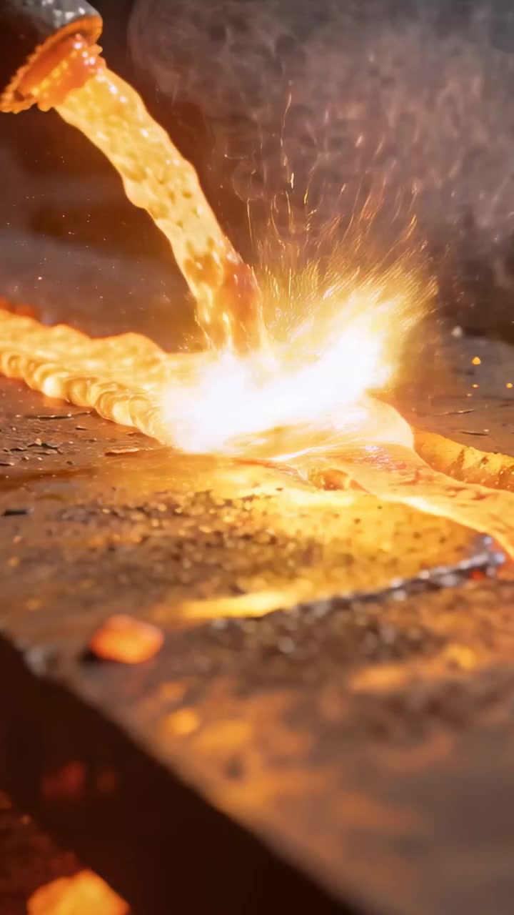 Vertical video: Tilting ladle sending molten stream filling cut slot on metal plate at shop, sparks