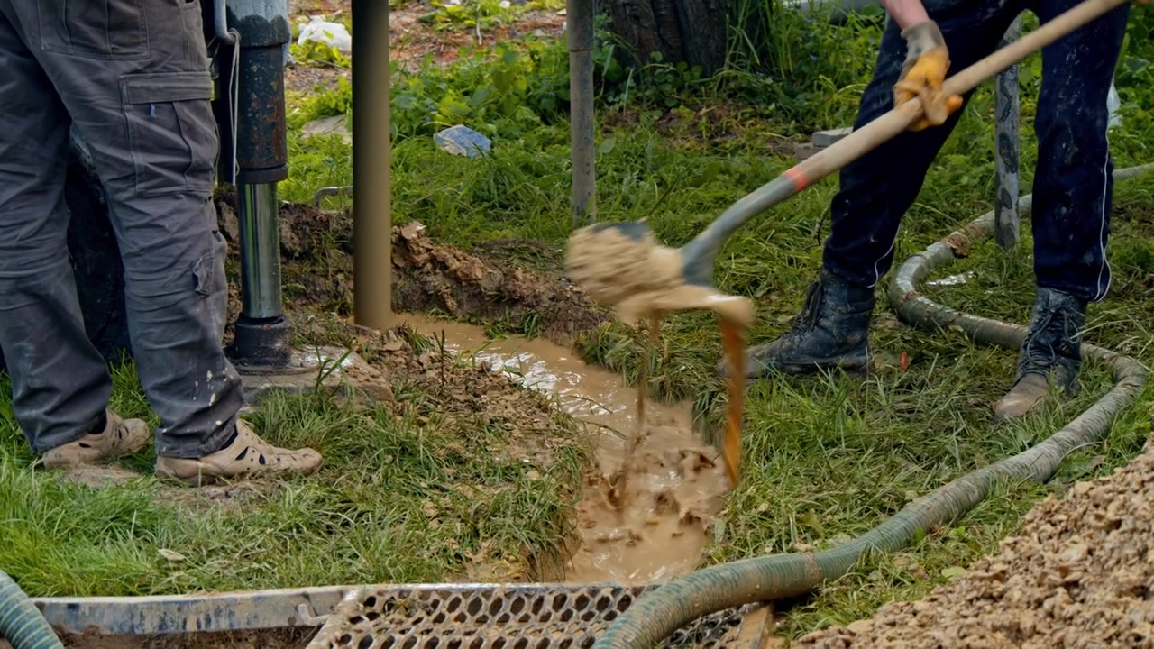 Operai trivellano per l'acqua in un cantiere per un pozzo in un'area erbosa vicino a un macchinario