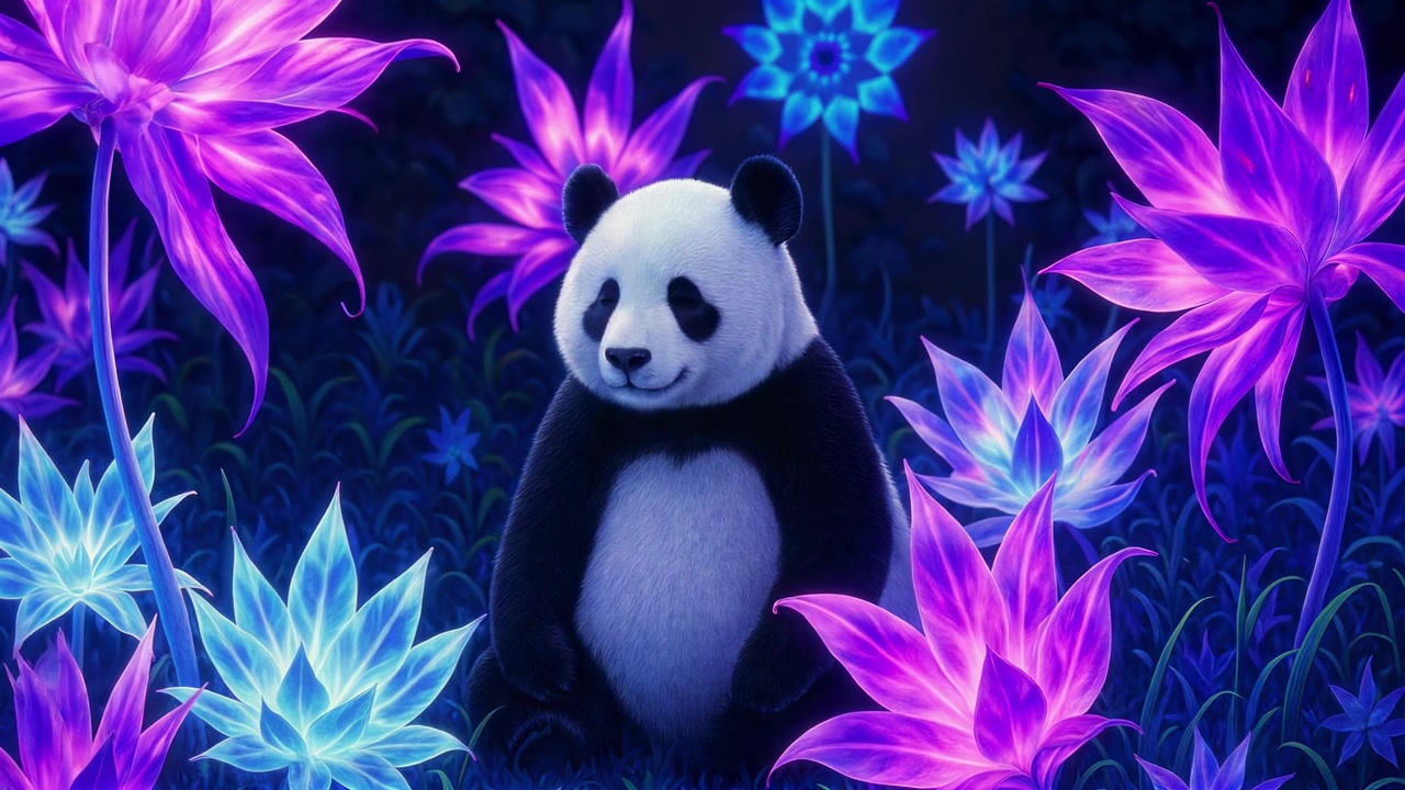 Panda gigante seduto tra fiori al neon luminosi in una foresta magica