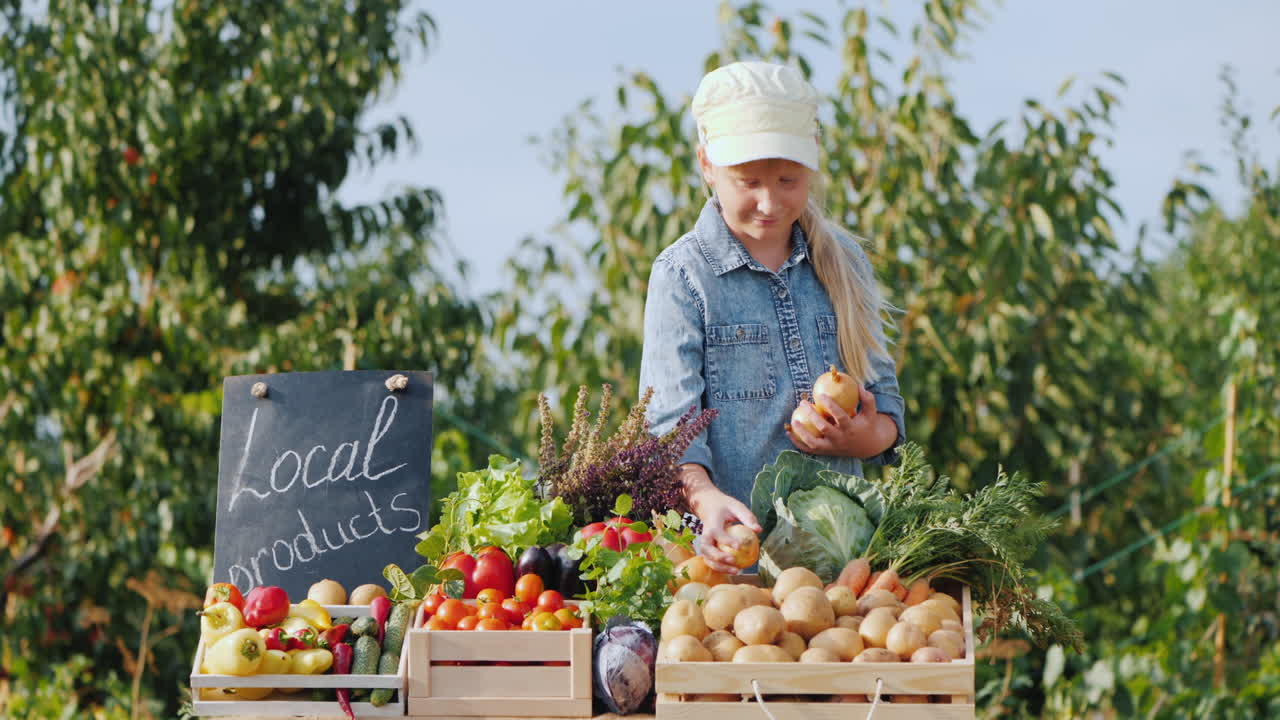 un pequeño agricultor pone verduras en el mostrador del mercado de agricultores