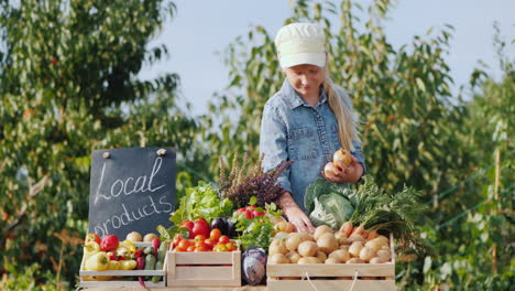 a small farmer puts vegetables on the farmer's market counter