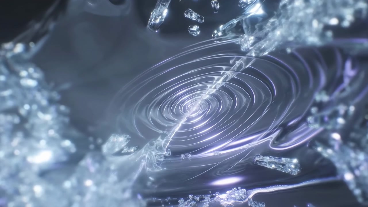 Close-up macro scene with concentric circular ripples etched on glossy reflective surface, twisted filament crossing spiral center, crystalline shards nearby, and cool reflective highlights with