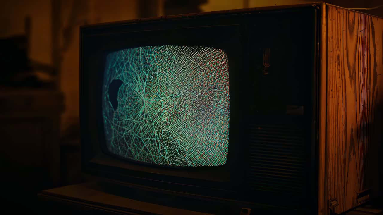 Powering on CRT television on cabinet flickering crack and color bands sweeping display in room