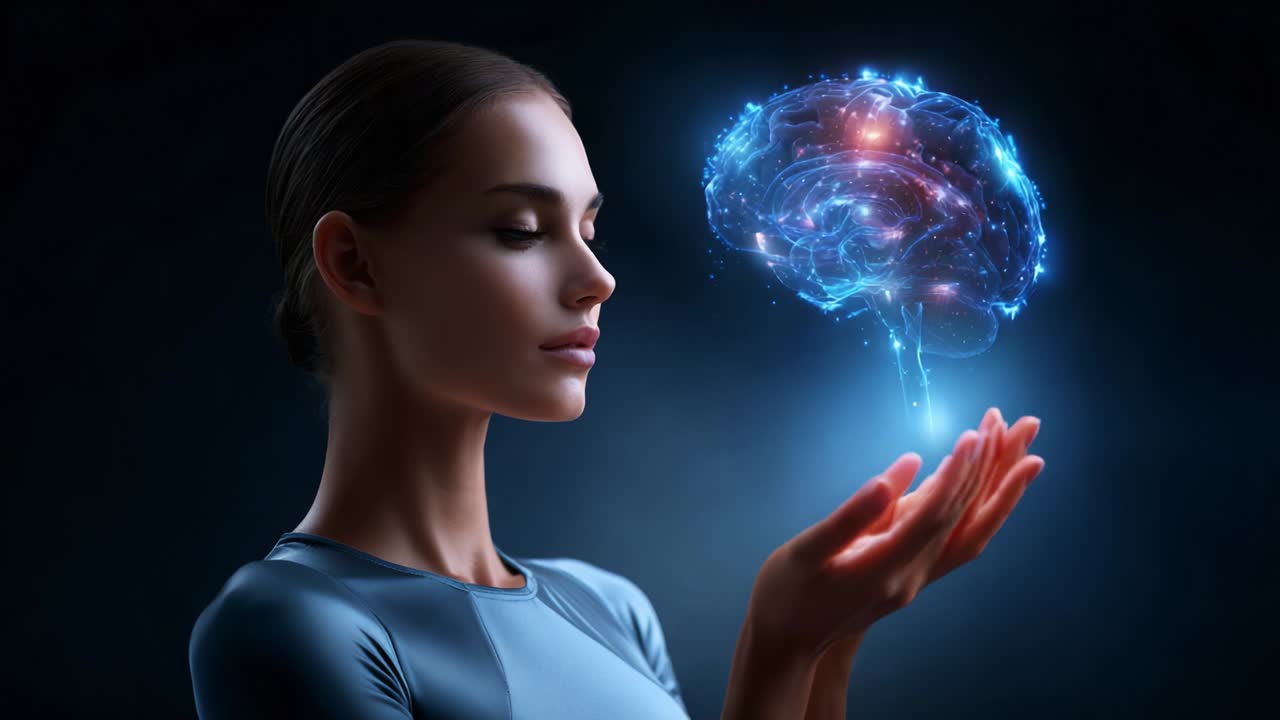 A woman contemplates the wonders of the human brain as she holds a glowing, digital representation of a brain, highlighting the intricacies of thought, creativity, and intelligence in a mesmerizing visual display