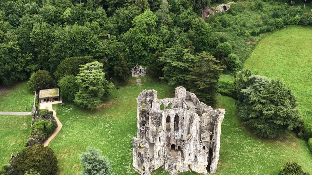 Aerial view of Old Wardour Castle and surrounding parkland, heritage site in English countryside