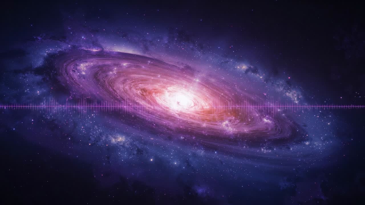 Playing music causing purple waveform bars pulsing in space while spiral galaxy core shimmering