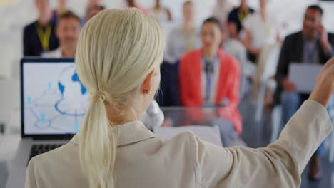 female speaker adressing the audience at a business conference