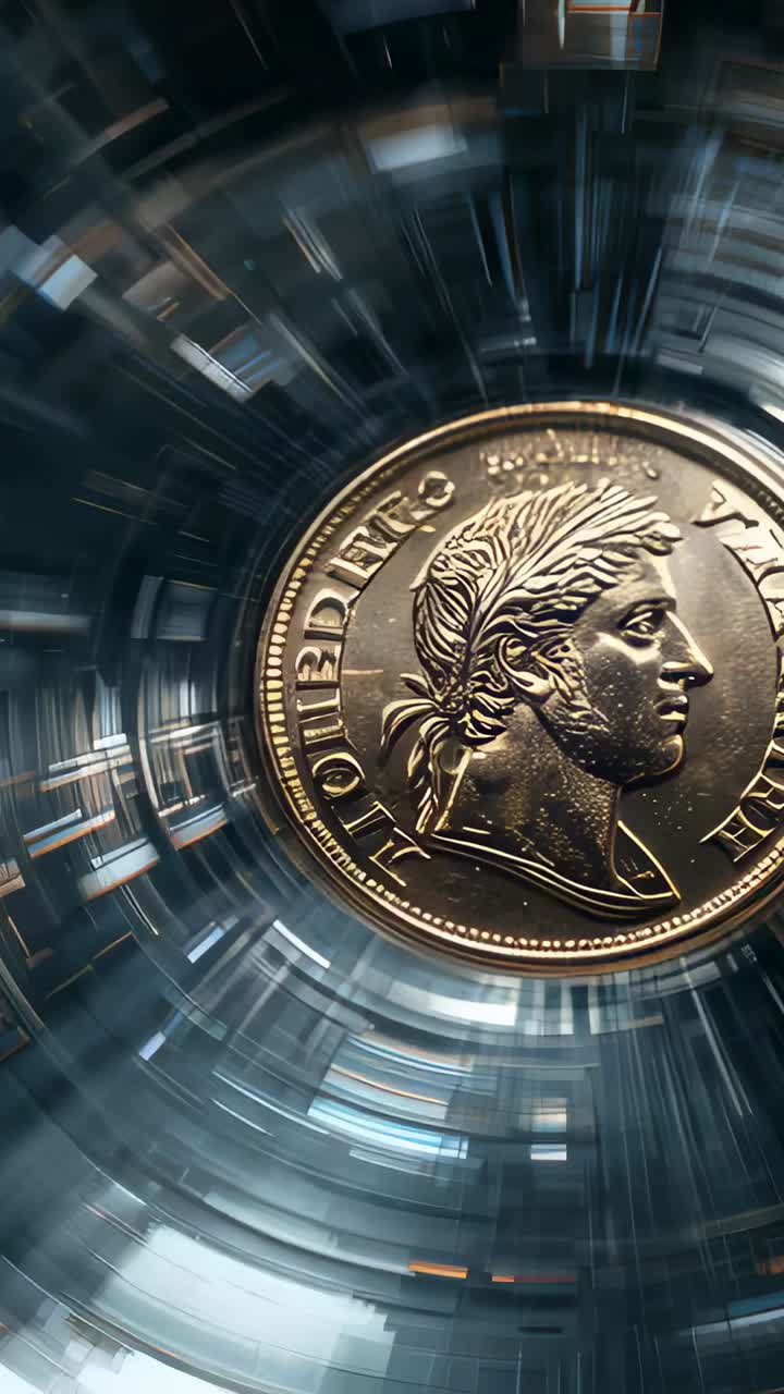 Vertical video: Rising gold coin rotating inside reflective cylindrical tube, catching highlights