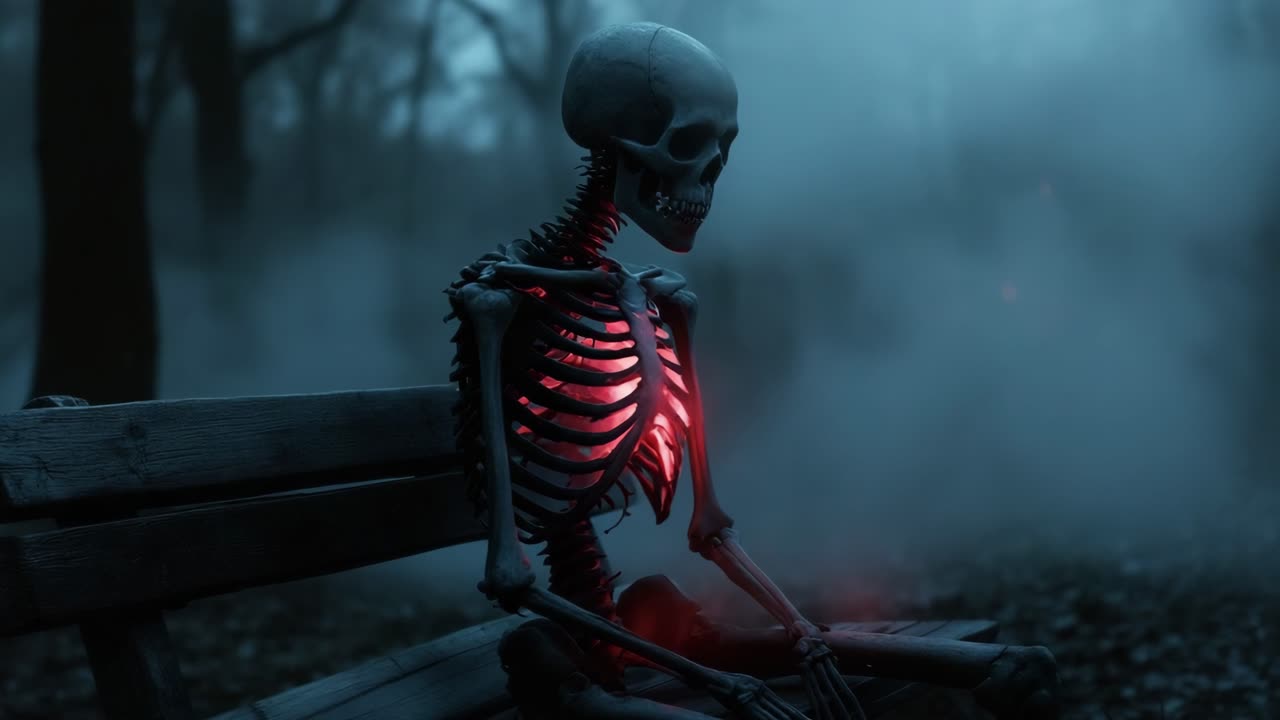 Skeleton seated on a bench in a foggy forest with glowing ribcage, showcasing eerie atmosphere