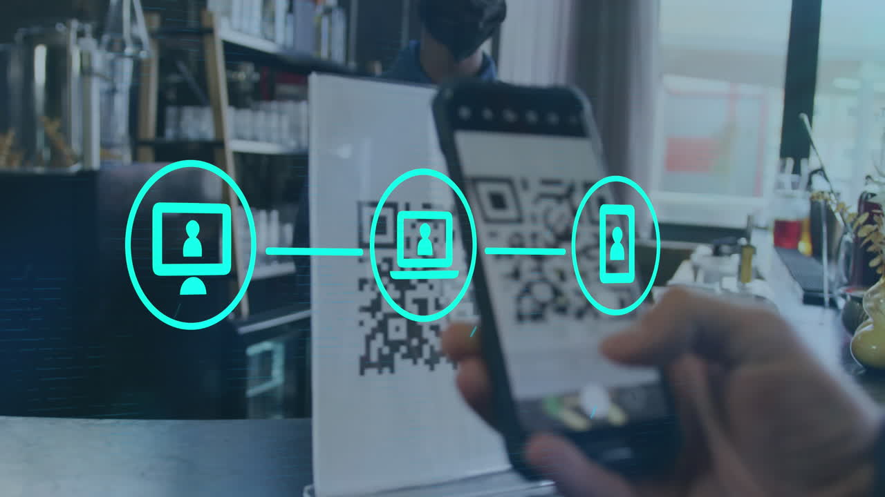 Neon digital icons against mid section of a person scanning a qr code at a cafe