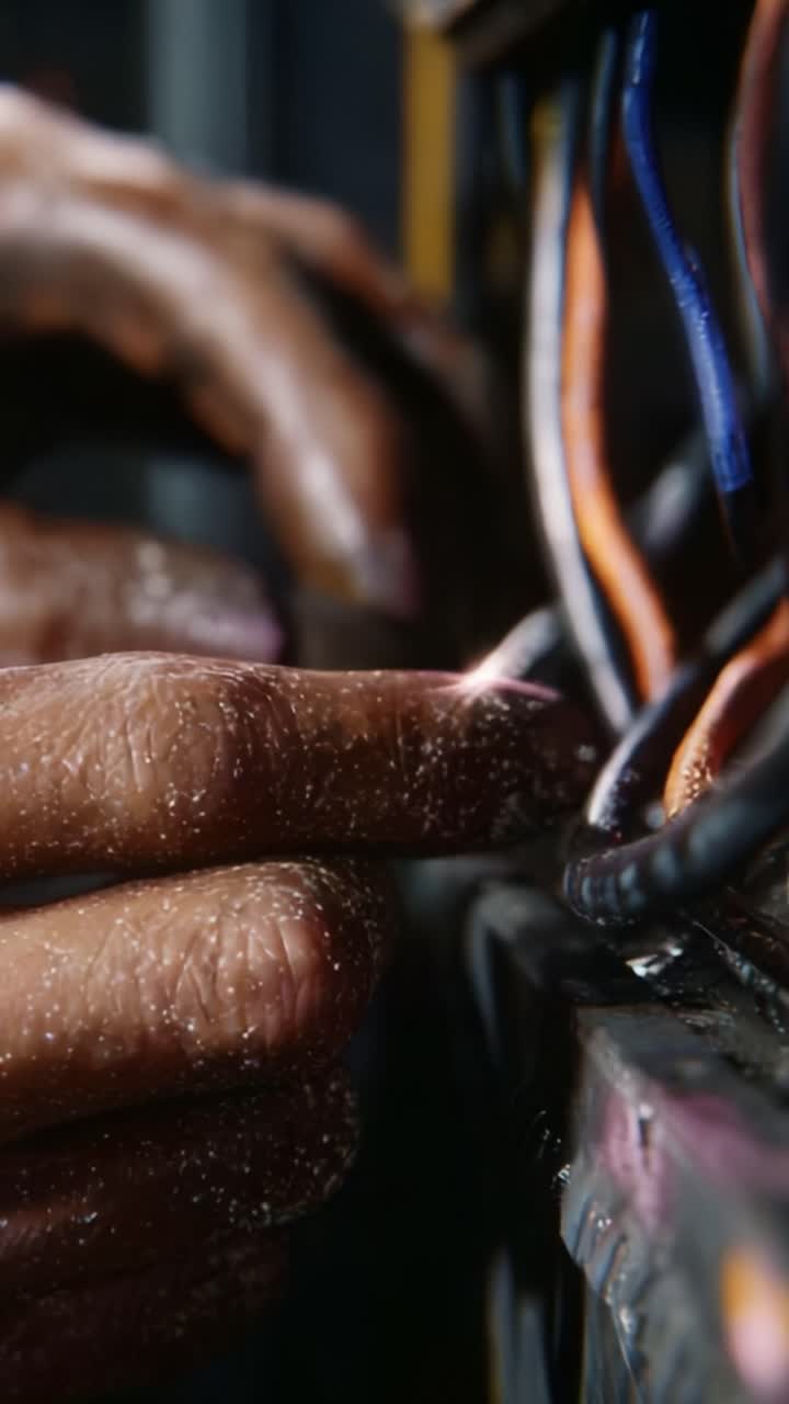 An Engaged Technician Works Diligently With Wires, Carefully Fixing Electrical Connections While Managing a Set of Colored Cables and Ensuring Everything is Properly Aligned and Insulated for Safety