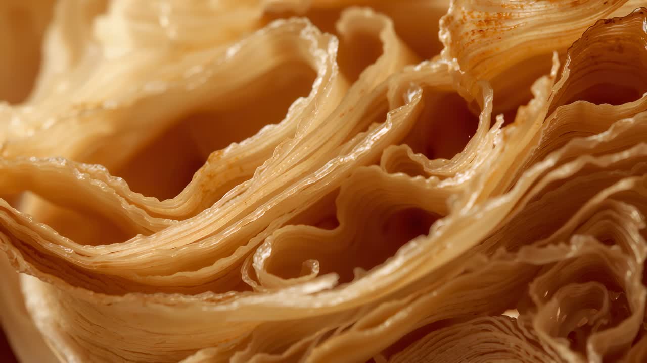 Cambio di messa a fuoco, la telecamera si allontana per rivelare la consistenza della pasta laminata e le sacche d'aria in studio
