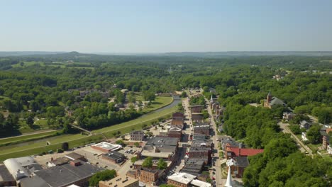 high aerial view of galena, illinois in summer