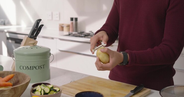 Compost lid being set aside as metal peeler is peeling potato and collecting skins for cooking
