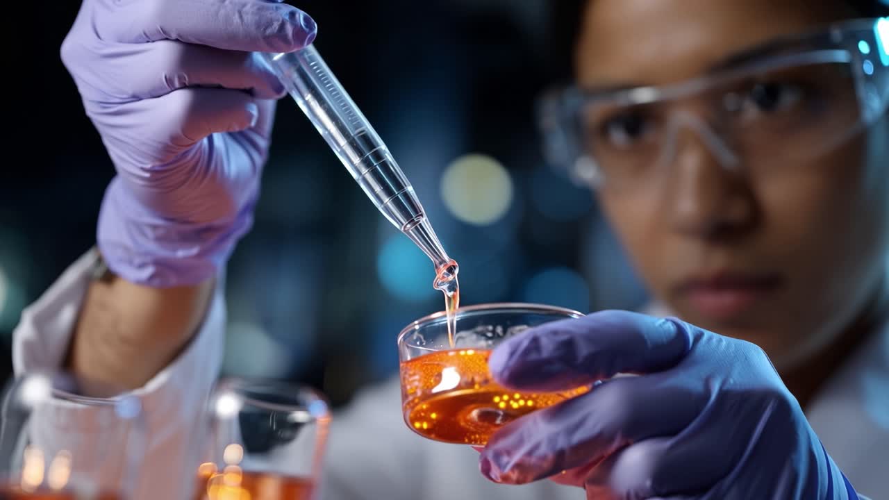 Scientist in Laboratory Conducting Experiments with Pipette and Orange Liquid in Glass Beaker, Focusing on Precision and Chemical Reactions in a Modern Setting