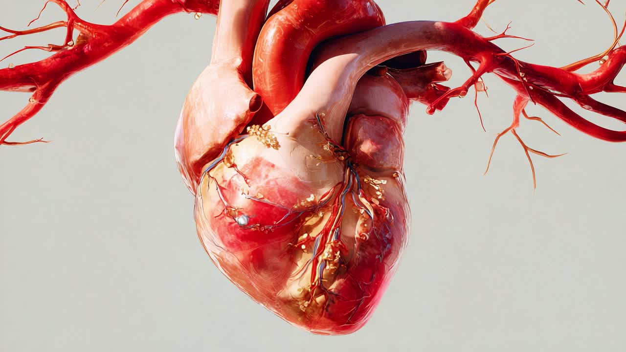 Una straordinaria rappresentazione artistica del cuore umano, che mette in mostra intricate strutture vascolari e texture dettagliate che illuminano la complessità della funzionalità del sistema circolatorio