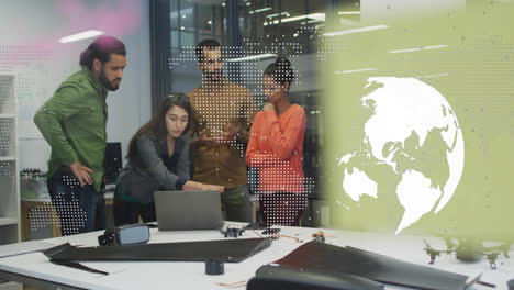 animation of world map and globe over diverse colleagues discussing work in office