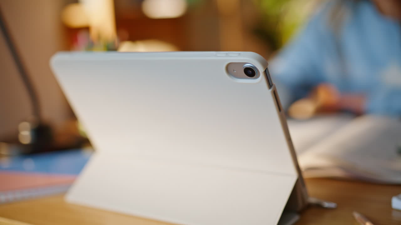 Nærbillede af skolepige med tablet ved bordet under onlineundervisning. Elev, der skriver opgave