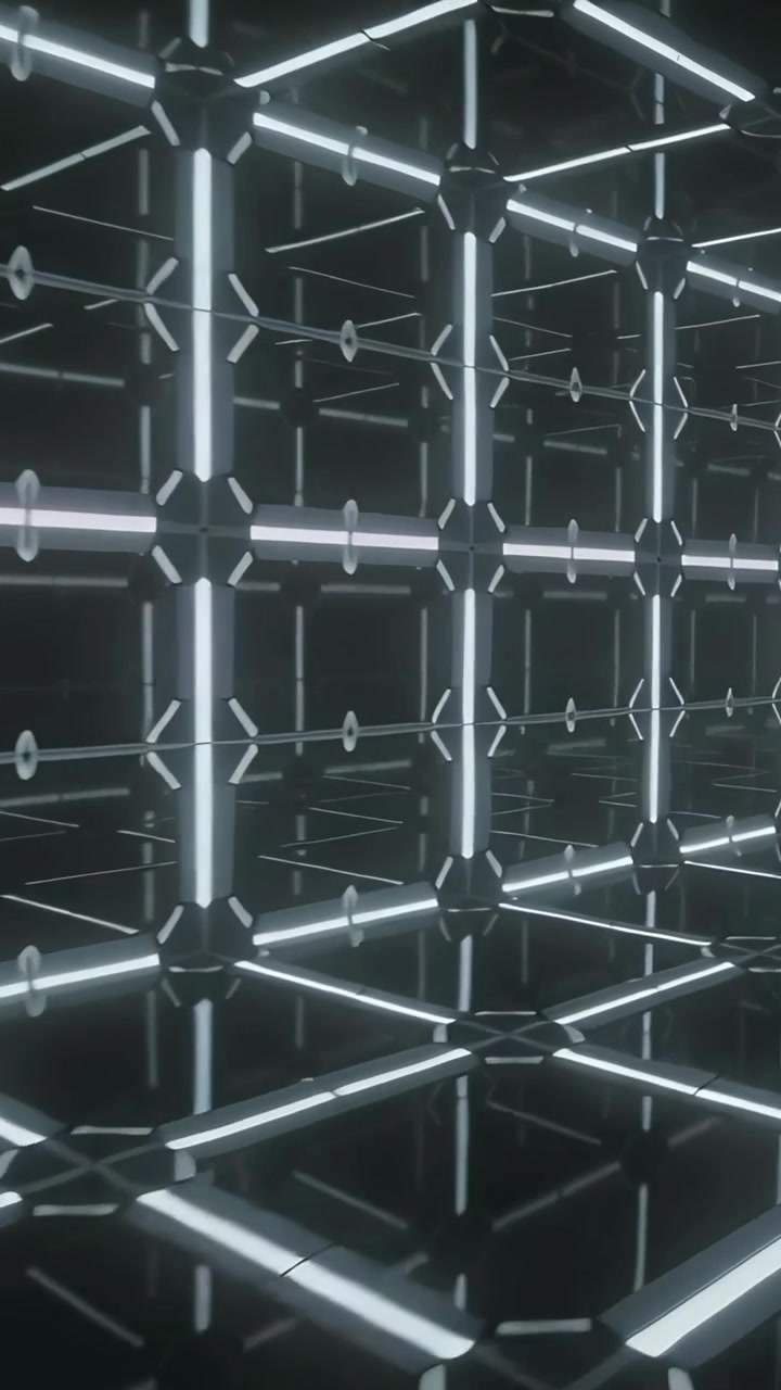 Video verticale: Telecamera in panoramica che mostra un'esposizione buia per rivelare una griglia infinita di barre luminose e nodi