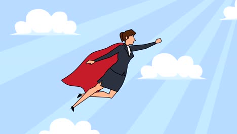 flat cartoon businesswoman character flying superhero with red cloak success concept animation