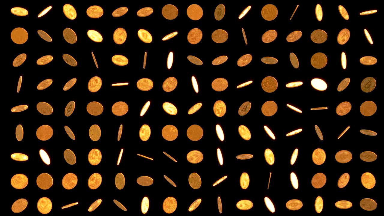 un conjunto de bitcoins dorados giratorios sobre un fondo negro.