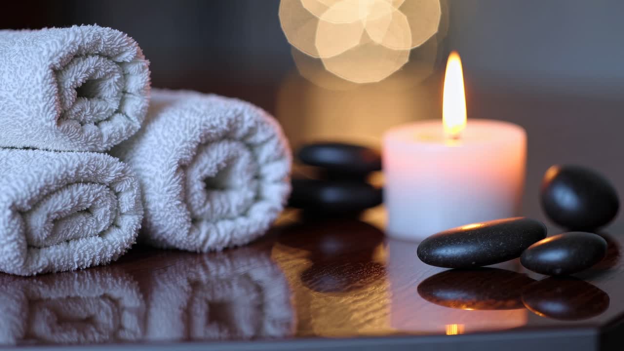 A serene spa setting with rolled towels, a lit candle, and smooth stones