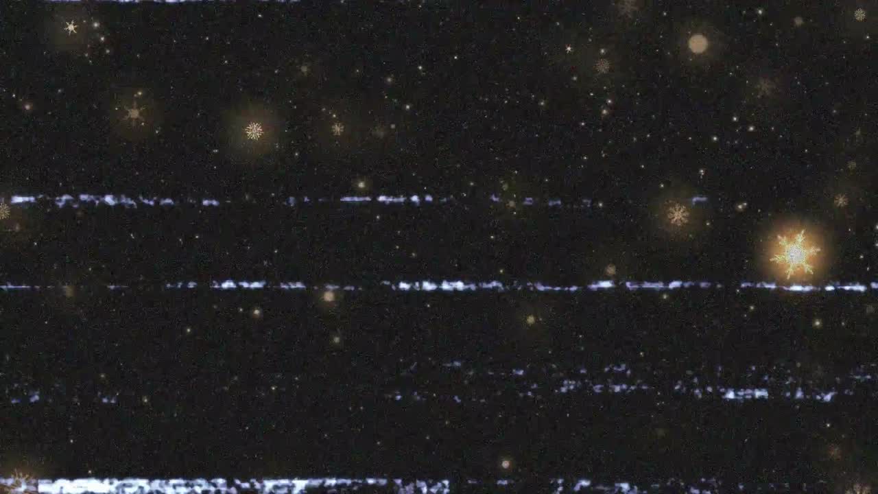 Golden sparkles appearing near top right forming flakes over flickering lines creating snowfall
