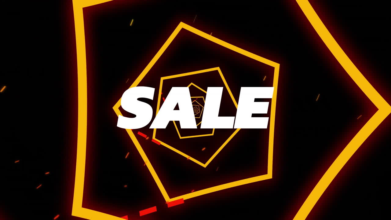 animación del texto de venta sobre túnel hexagonal naranja y líneas de color sobre fondo negro