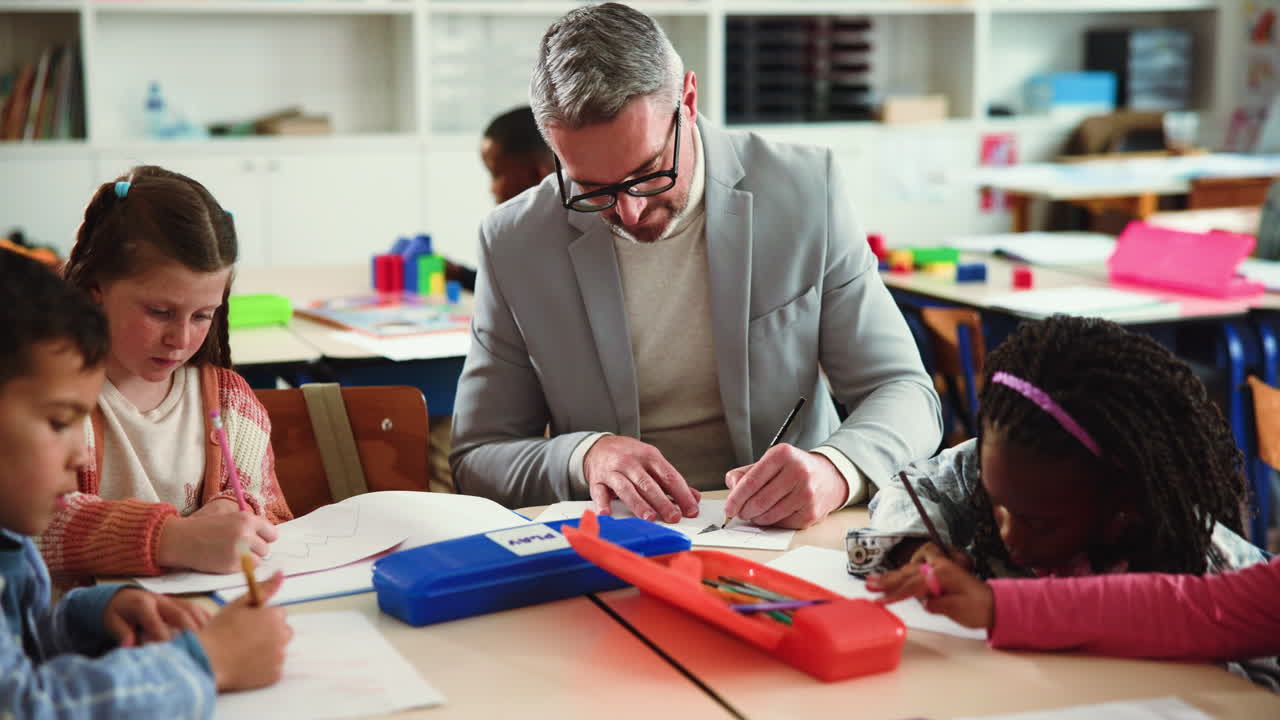 Teacher Helping Students with Drawing in Classroom