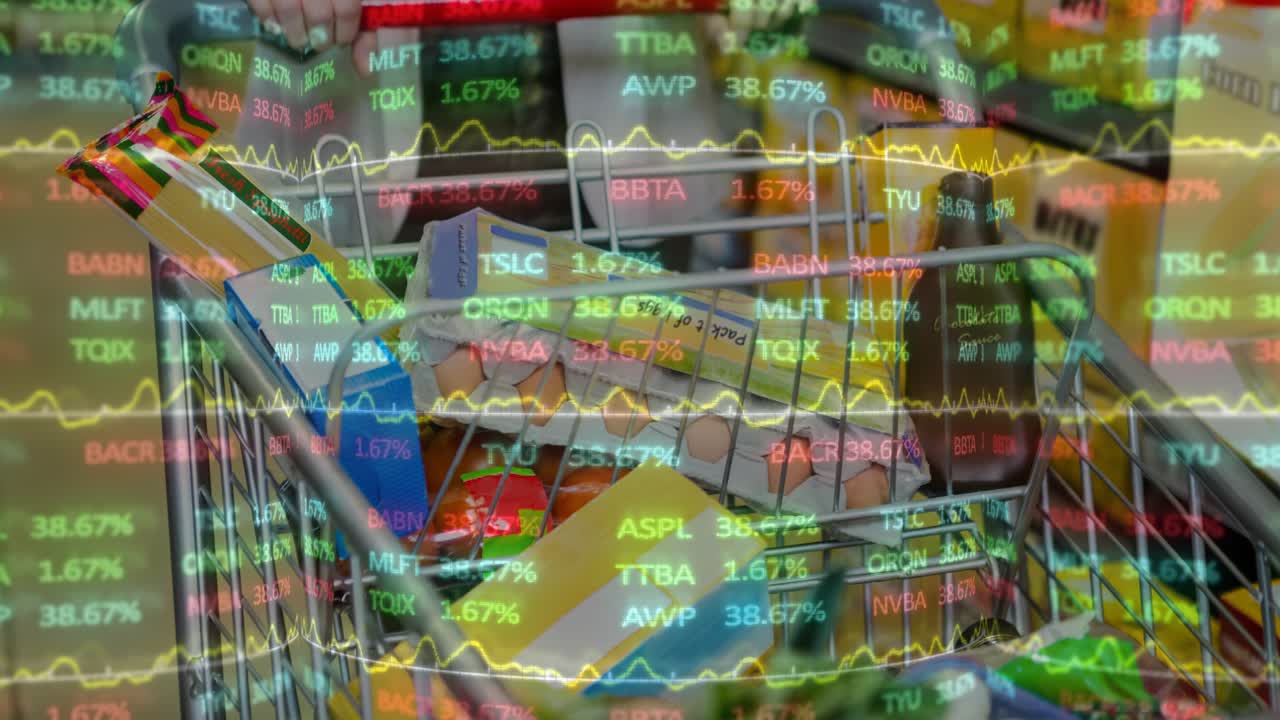 Woman gripping red handle, cart staying centered, finance graphs fading in, showing price trends