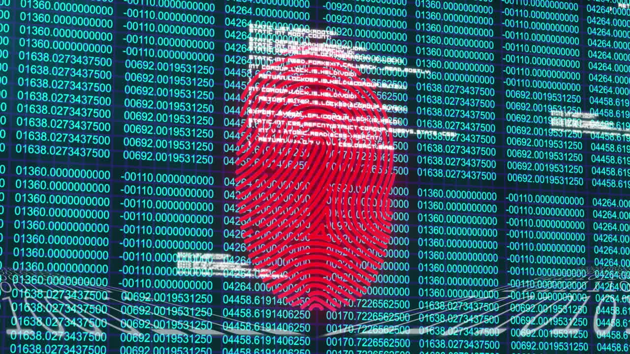 animación de huellas dactilares biométricas y procesamiento de datos sobre un fondo oscuro