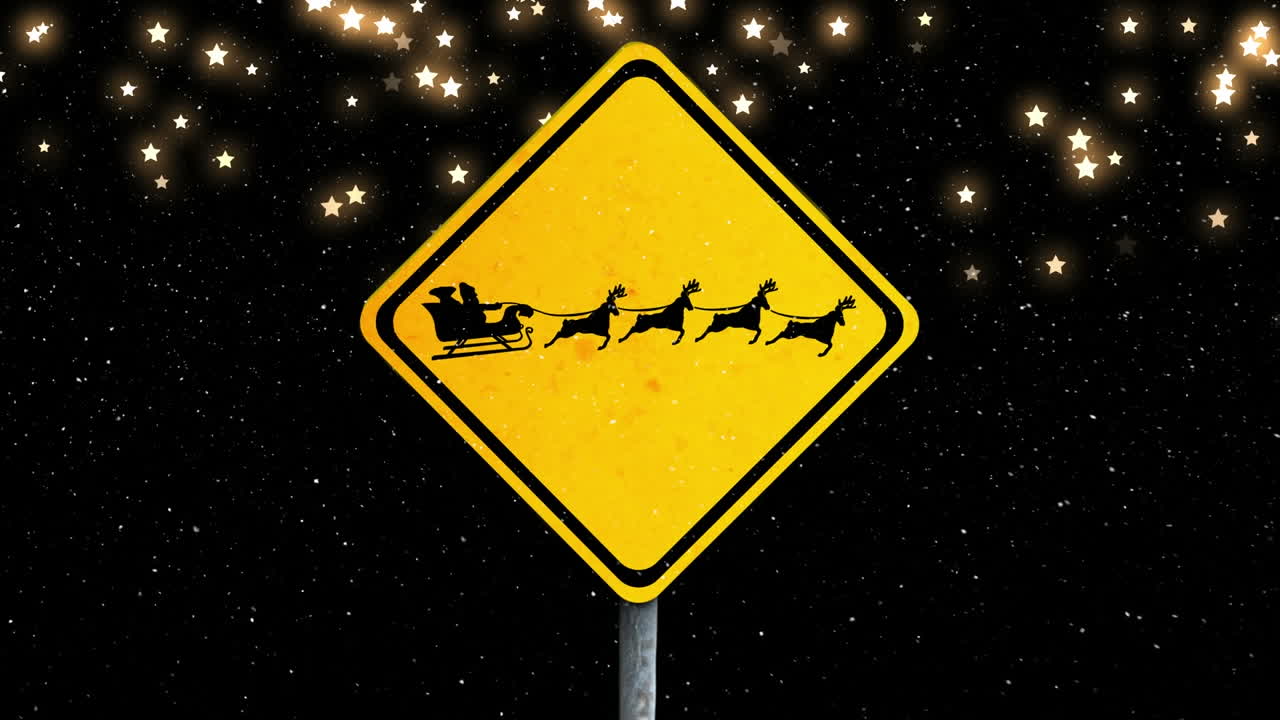 animación de iconos de estrellas doradas sobre santa claus en trineo siendo tirado por renos en un cartel