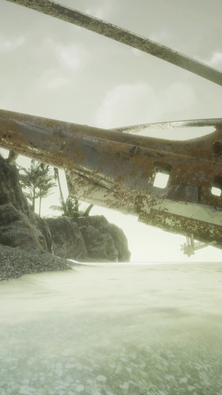 Rusting helicopter rests on a deserted beach under a cloudy sky