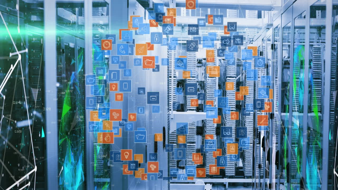 Animation of globe made of icons rotating over servers